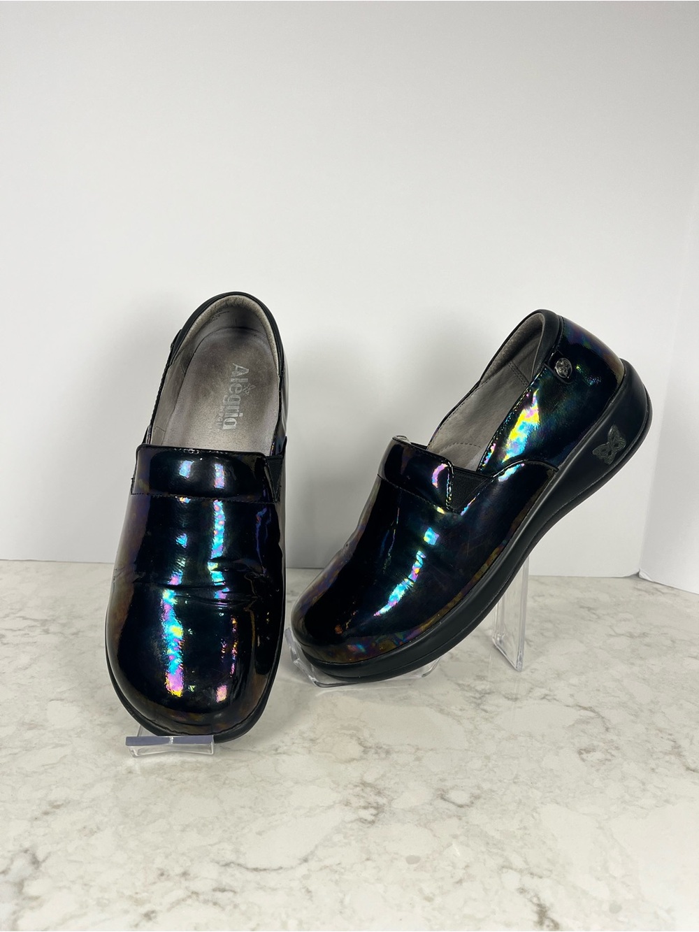 Alegria Iridescent Black Slip-On Clogs